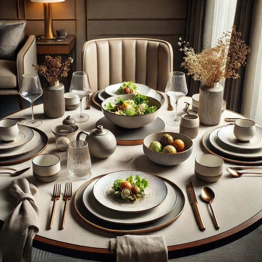 Elegant round dining table with ceramic bowls and dried flower centerpieces