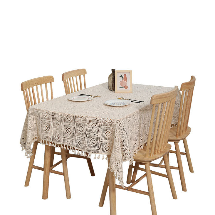 Vintage Cotton and Linen Tablecloth with Tassels and Lace
