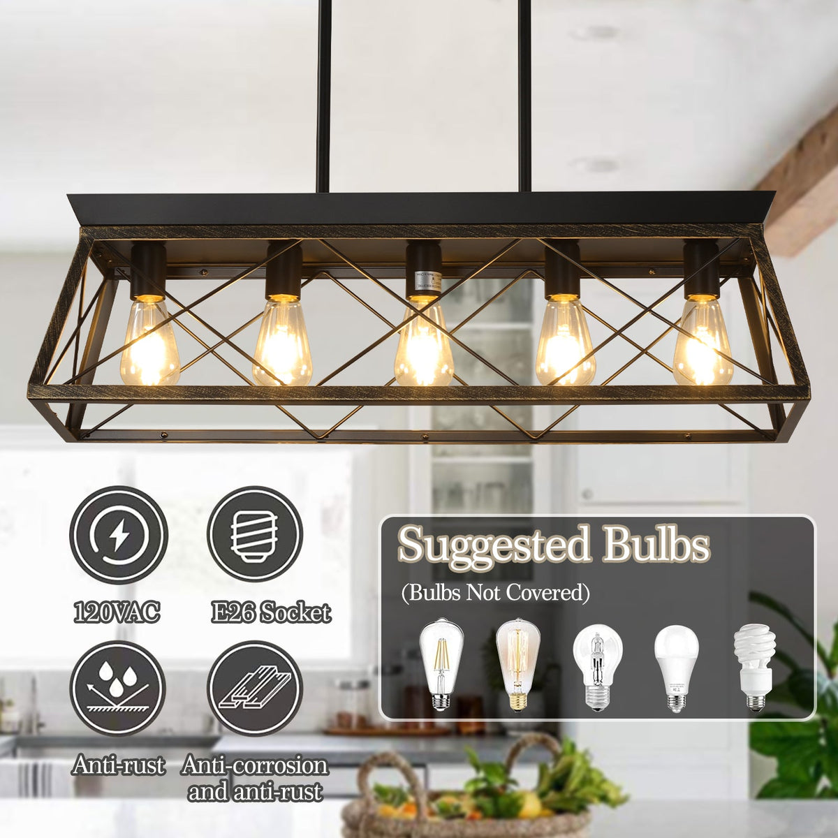 5-Light Farmhouse Rectangular Island Chandelier