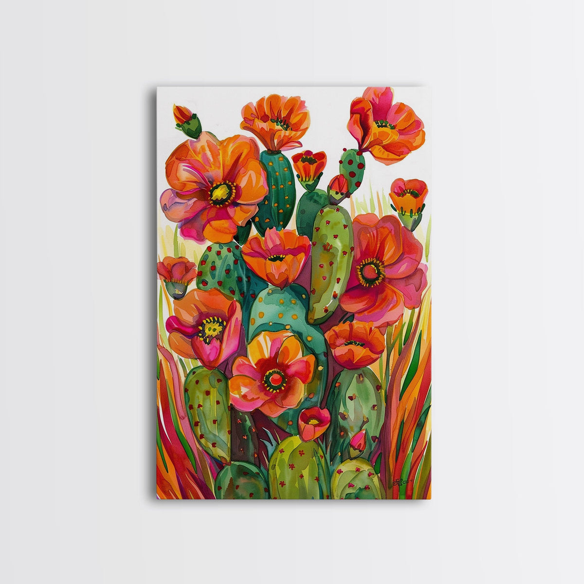 Vibrant Desert Cactus and Flowers Framed Canvas Wall Art