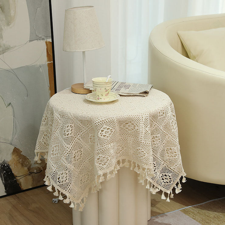 Vintage Cotton and Linen Tablecloth with Tassels and Lace