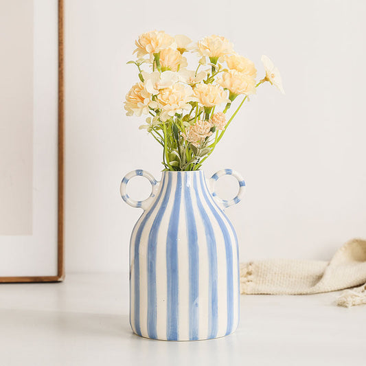 Hand-Drawn Striped Ceramic Vase with Dual Handles