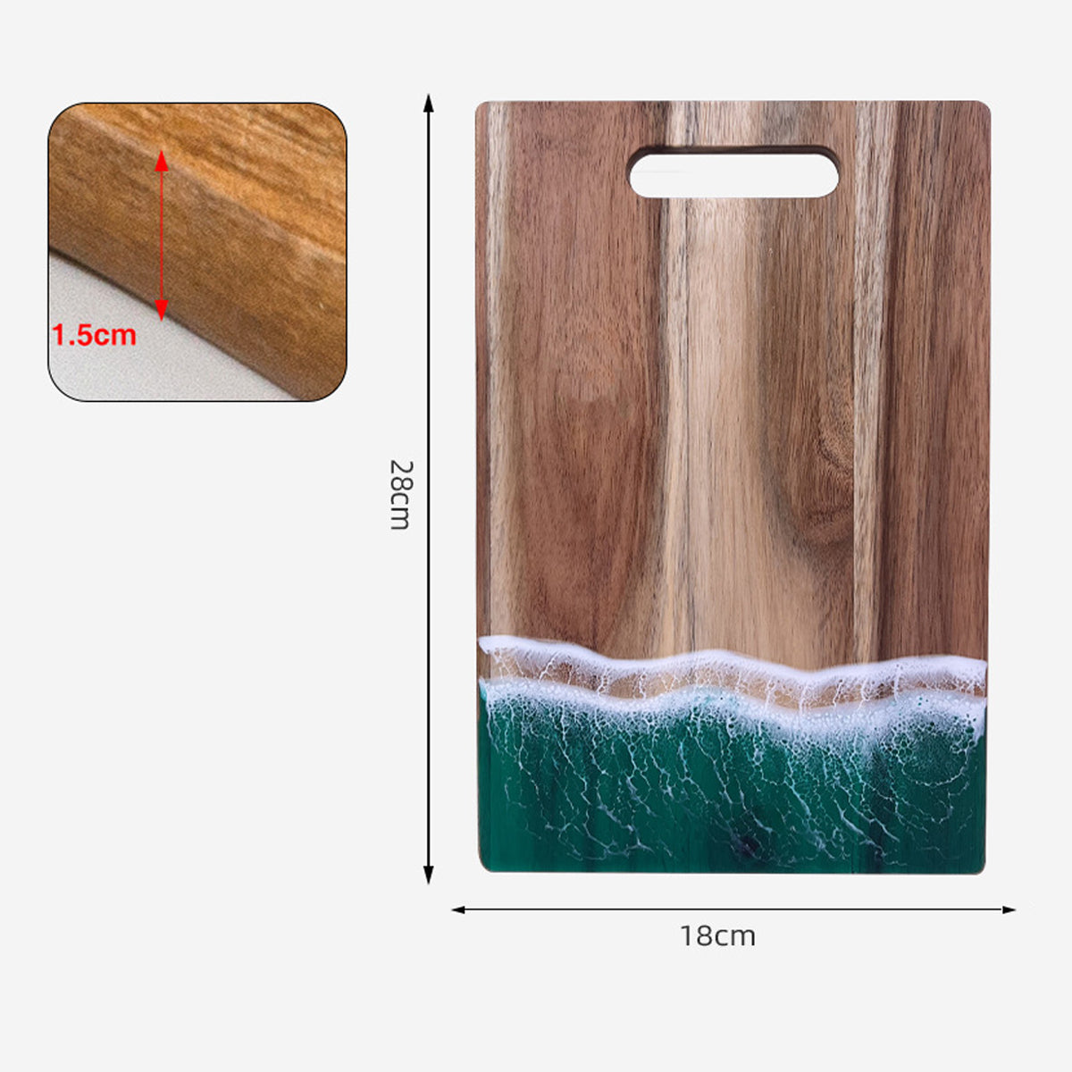 Wood Cutting Board with Blue-Green Resin Wave Pattern