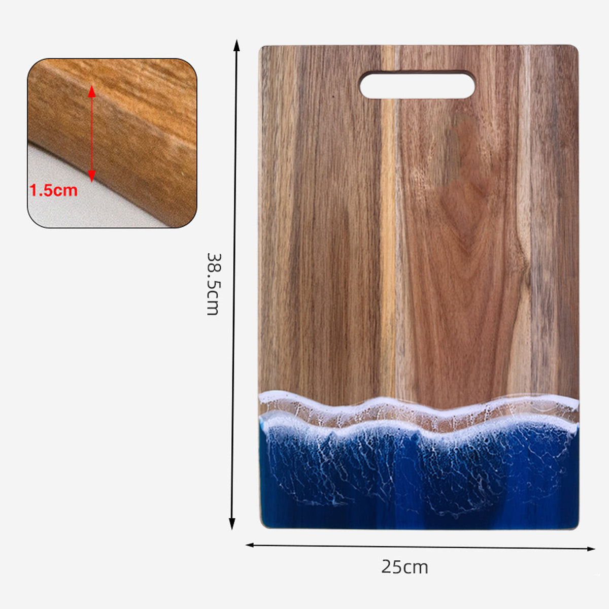 Wood Cutting Board with Blue-Green Resin Wave Pattern