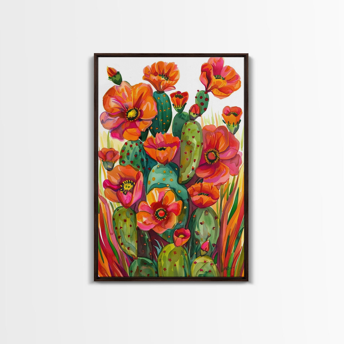 Vibrant Desert Cactus and Flowers Framed Canvas Wall Art