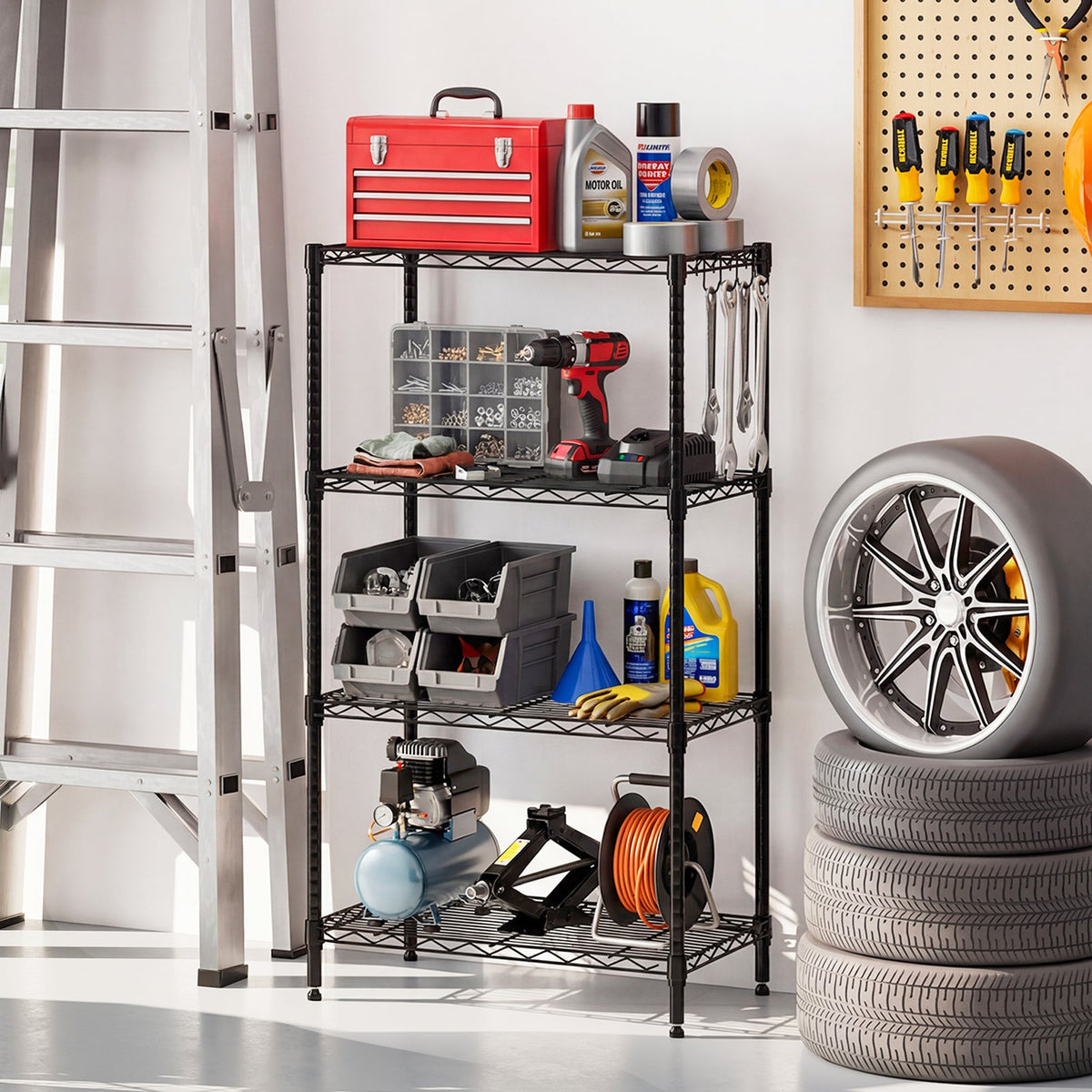 4-Tier Black Metal Storage Shelving Units (Set of 2)