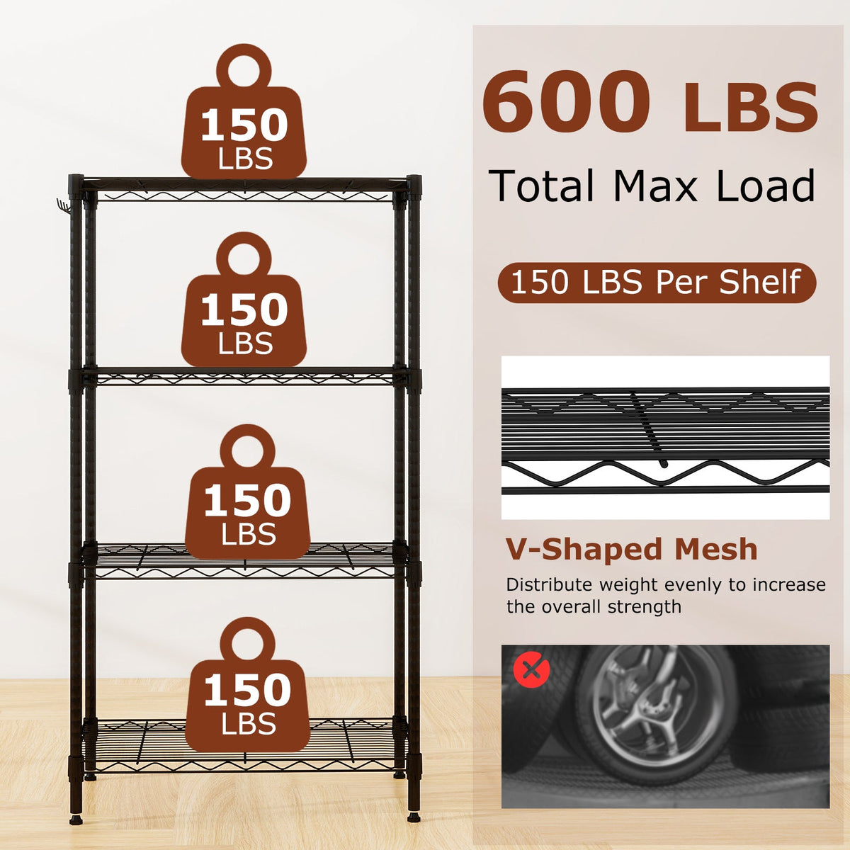 4-Tier Black Metal Storage Shelving Units (Set of 2)