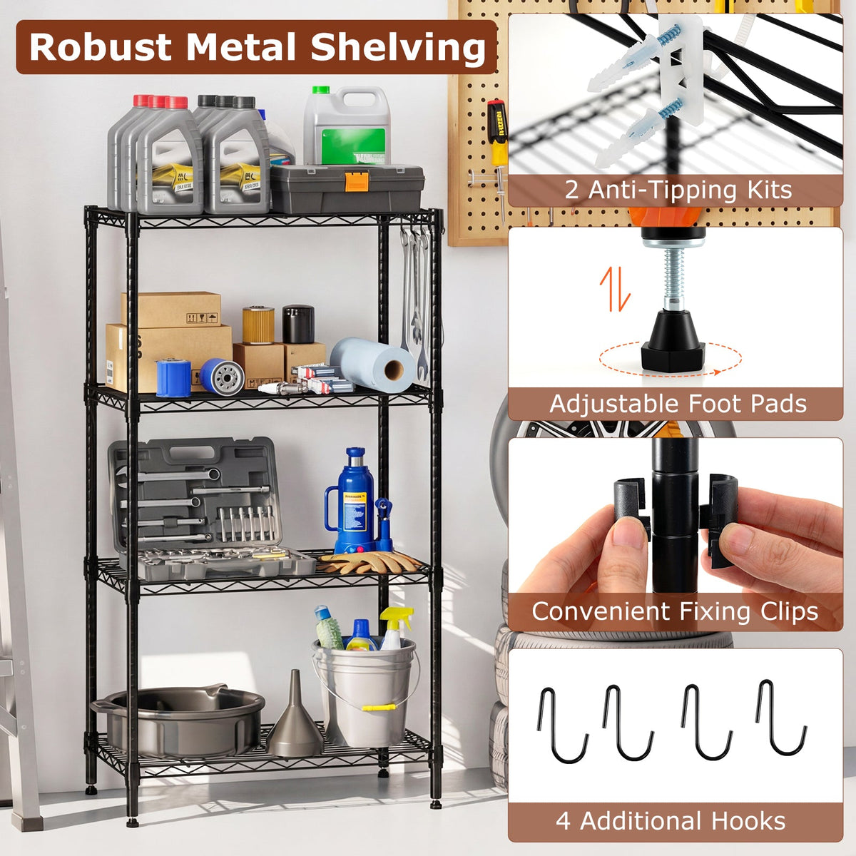 4-Tier Black Metal Storage Shelving Units (Set of 2)