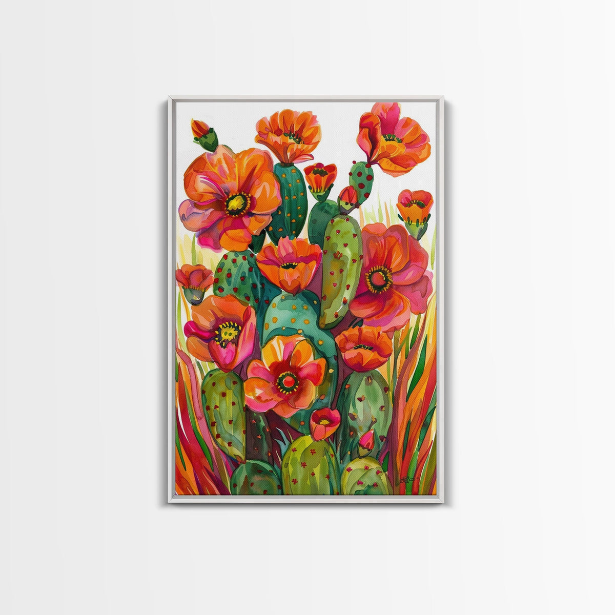 Vibrant Desert Cactus and Flowers Framed Canvas Wall Art