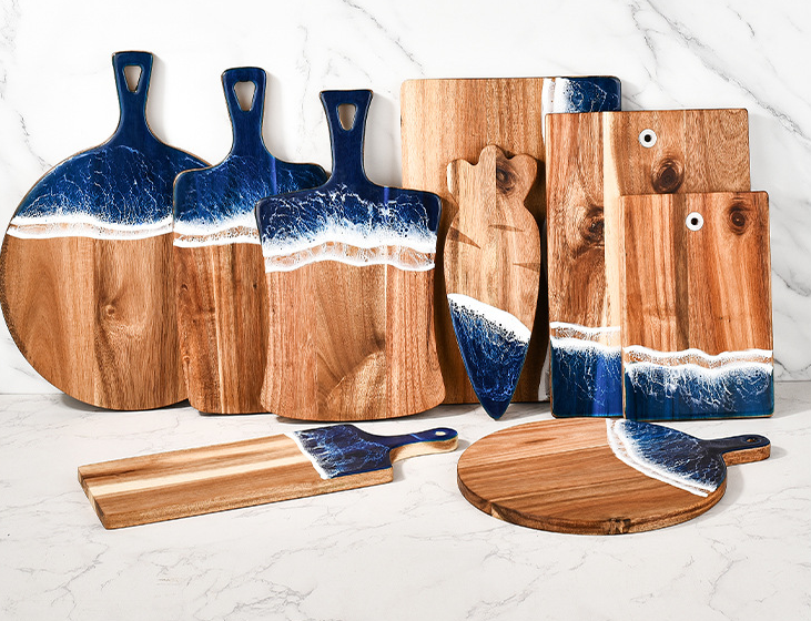 Wood Cutting Board with Blue-Green Resin Wave Pattern