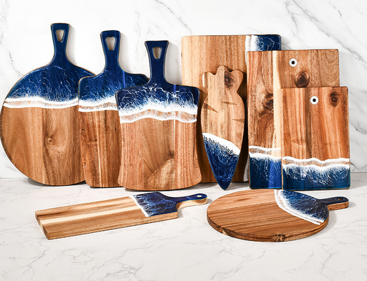 Wood Cutting Board with Blue-Green Resin Wave Pattern