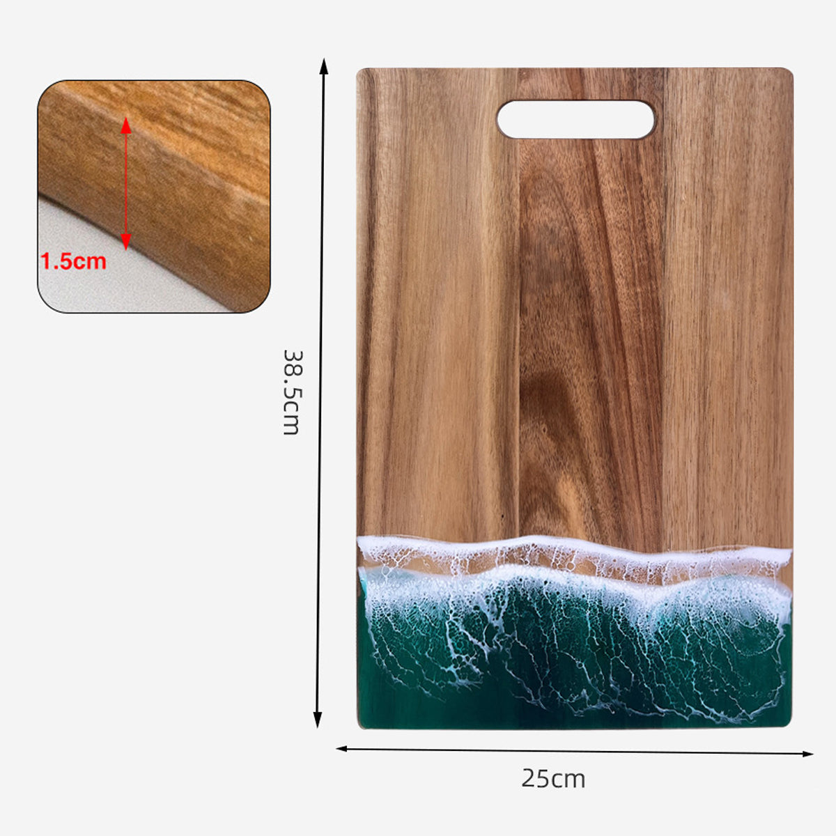 Wood Cutting Board with Blue-Green Resin Wave Pattern