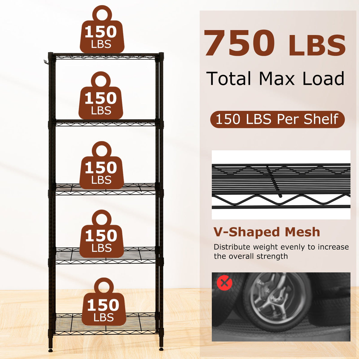5-Tier Black Metal Storage Shelving Unit