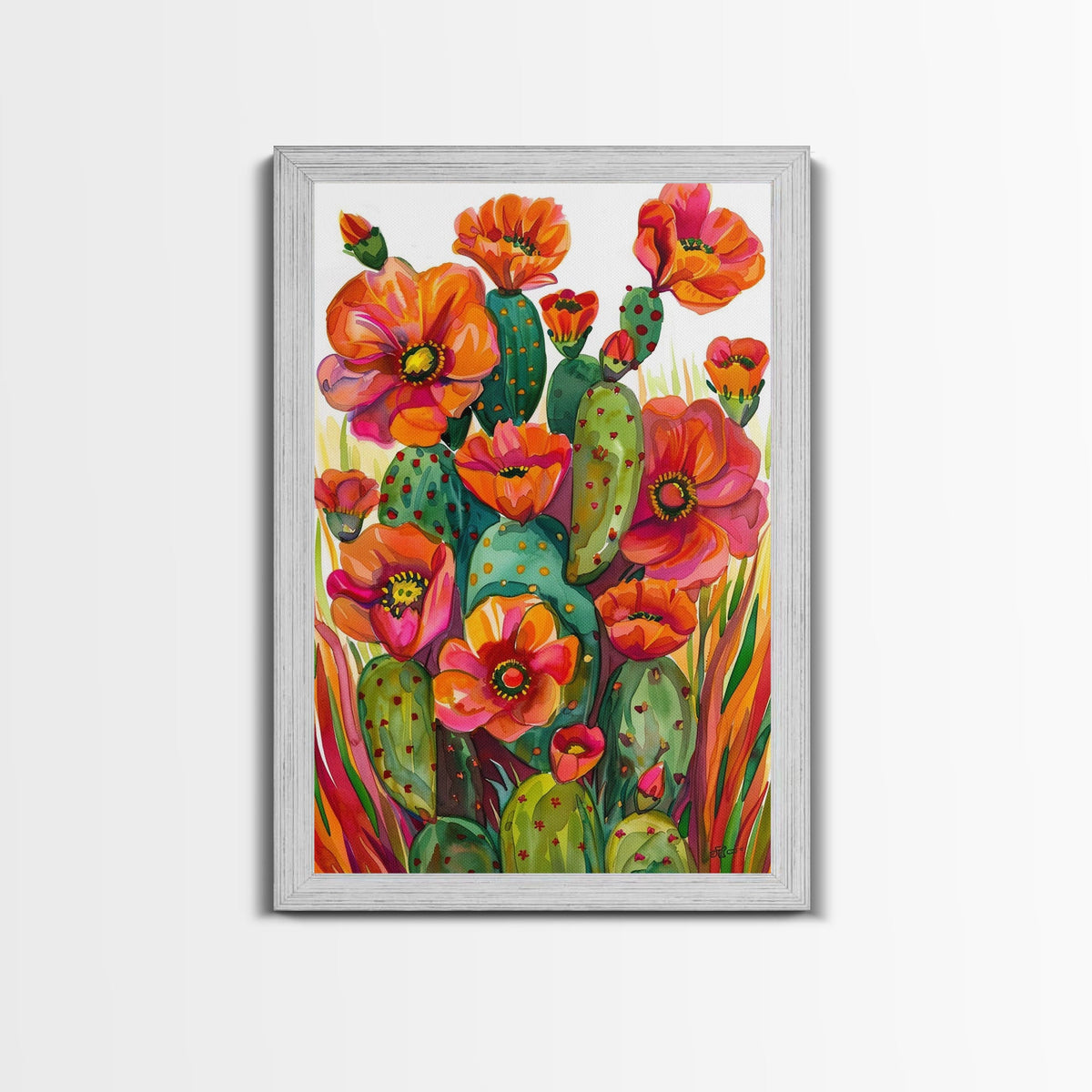 Vibrant Desert Cactus and Flowers Framed Canvas Wall Art