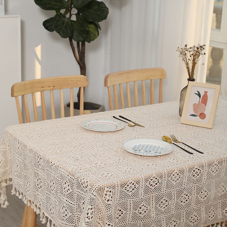 Vintage Cotton and Linen Tablecloth with Tassels and Lace