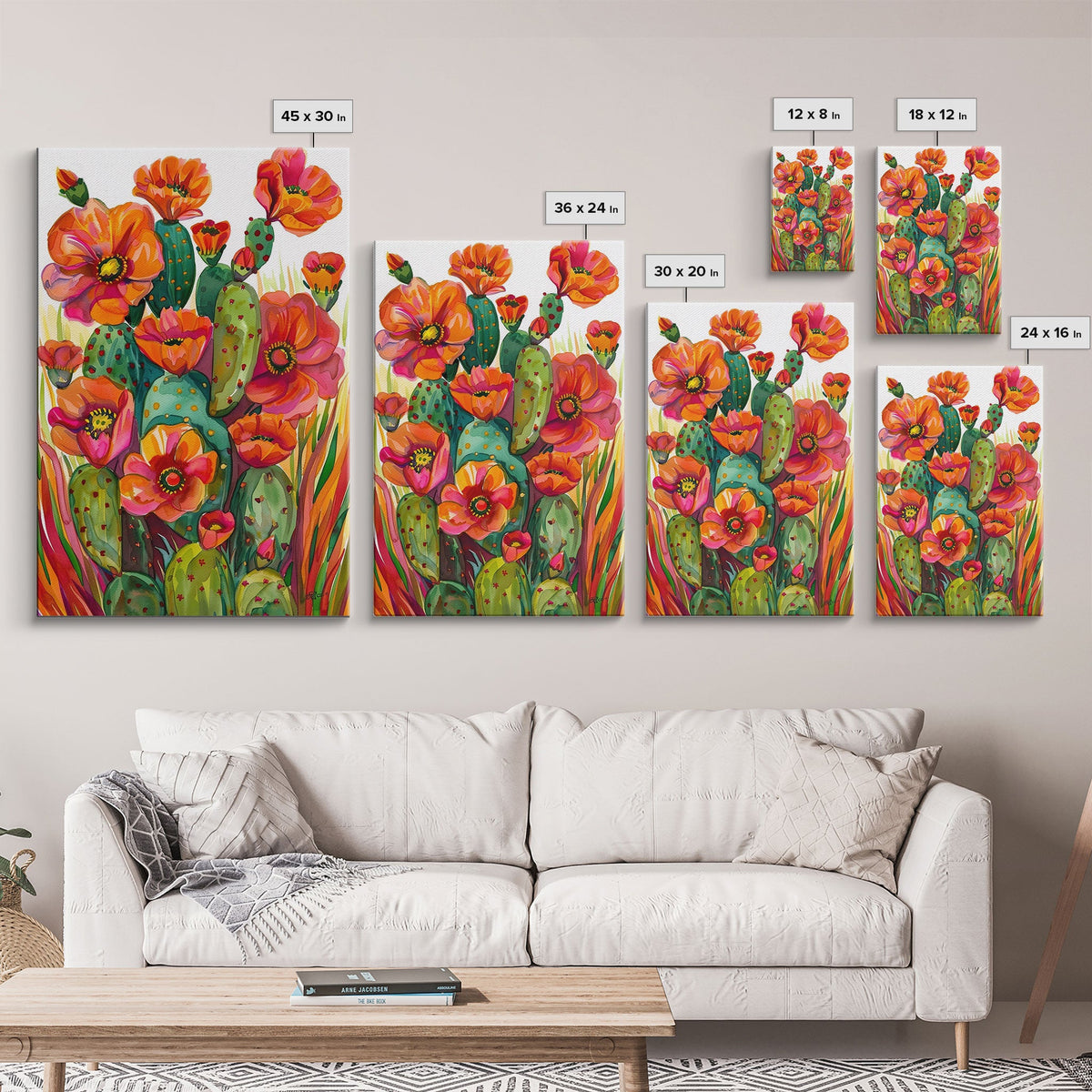Vibrant Desert Cactus and Flowers Framed Canvas Wall Art