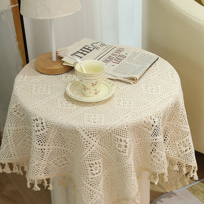 Vintage Cotton and Linen Tablecloth with Tassels and Lace