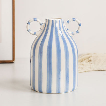 Hand-Drawn Striped Ceramic Vase with Dual Handles
