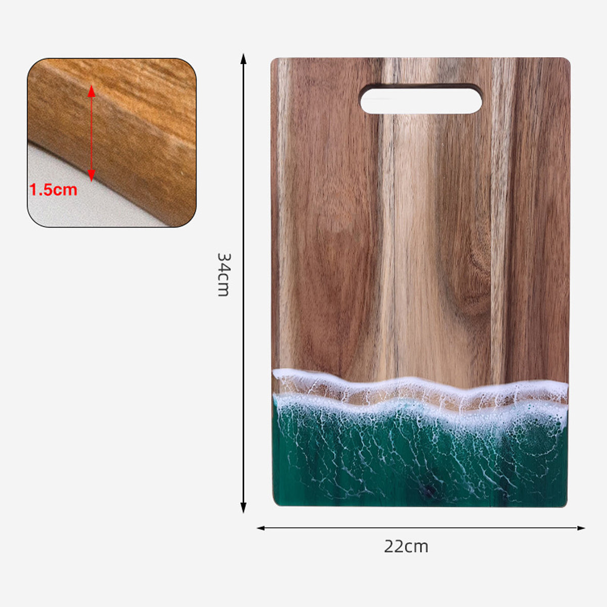 Wood Cutting Board with Blue-Green Resin Wave Pattern