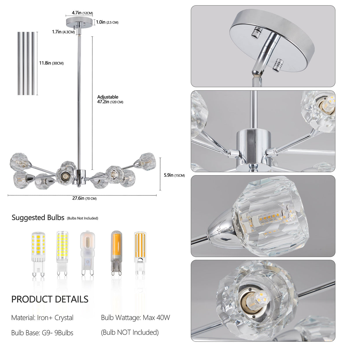 Modern Crystal Chandelier | 9-Light Chrome Ceiling Light