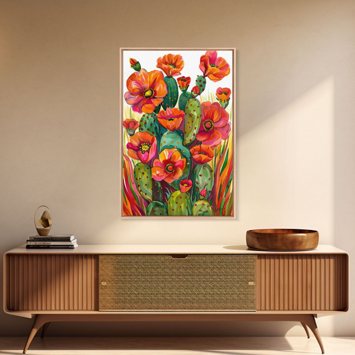 Vibrant Desert Cactus and Flowers Framed Canvas Wall Art