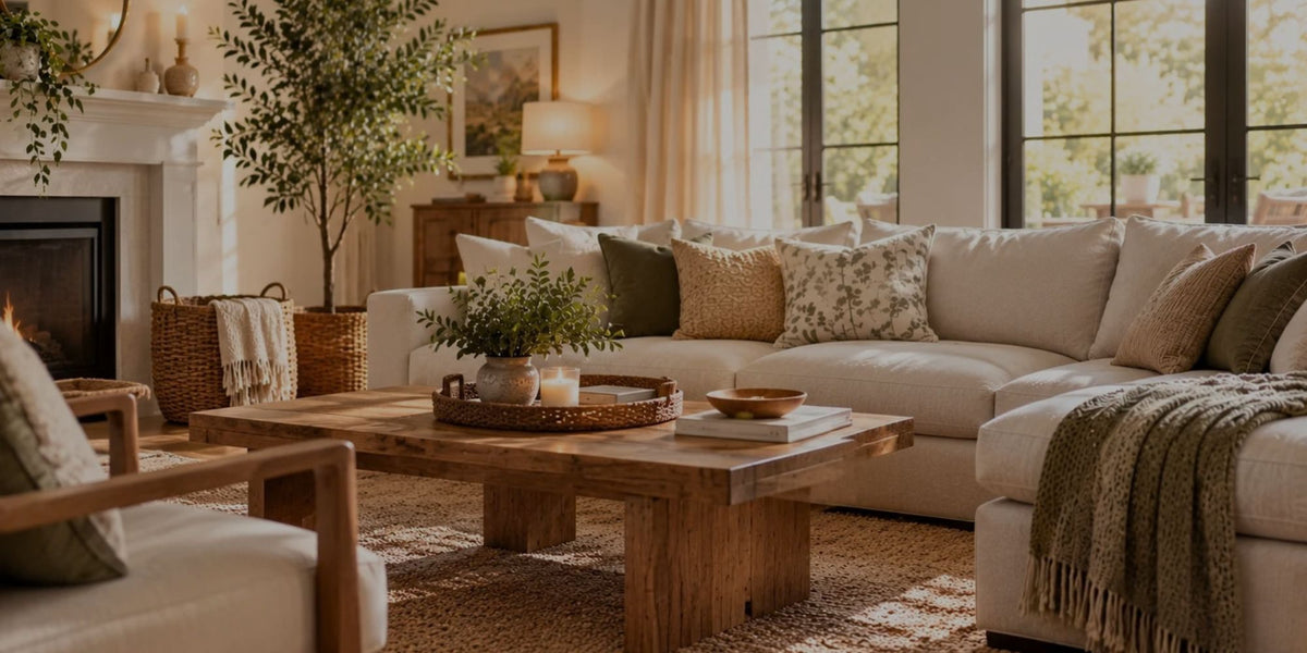 Warm farmhouse living room with sectional sofa and wooden coffee table