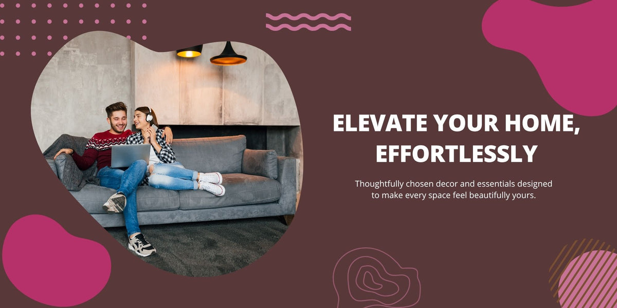 Couple relaxing on sofa with home decor promotional banner background