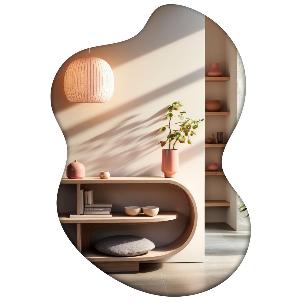 Minimalist curved wooden shelf with pink vase plant and pendant lamp